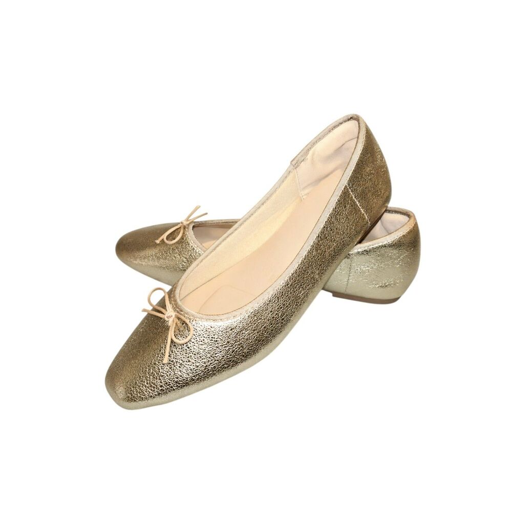 Metallic Gold Ballet Flats Size 9 Bow Detail Shimmer Slip-On Shoes